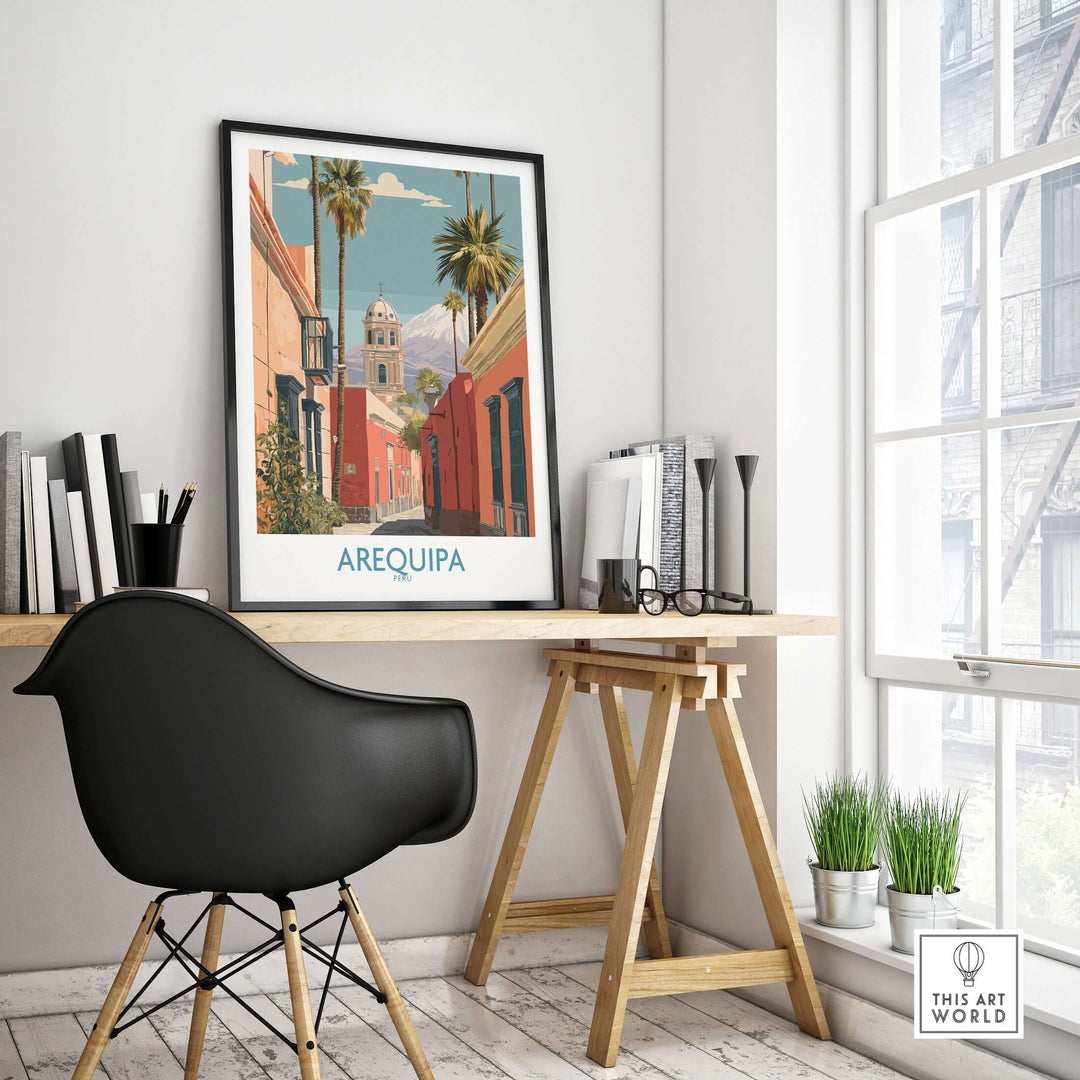 Arequipa Peru travel poster in a stylish workspace, showcasing vibrant colors and intricate architectural details.