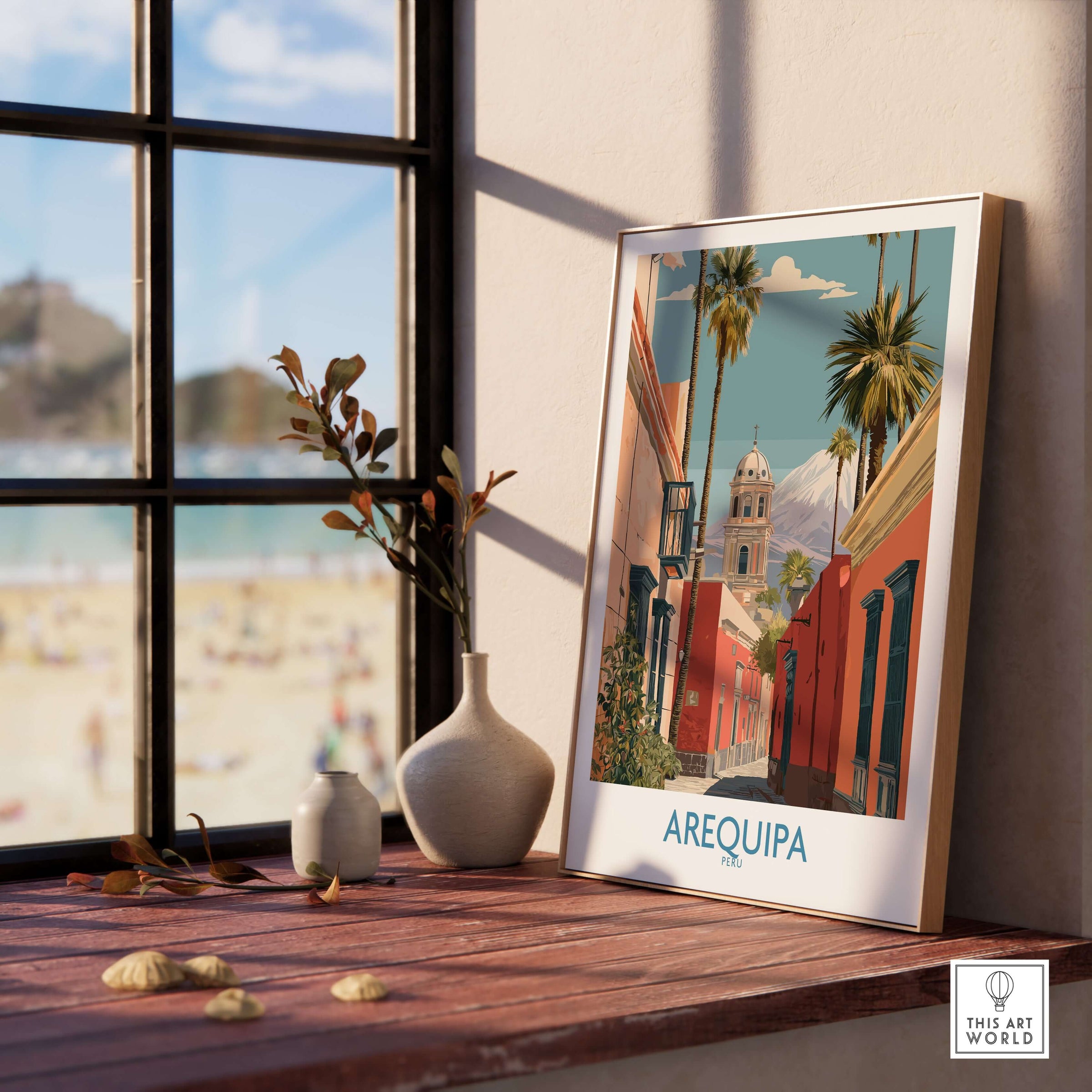 Arequipa Peru Travel Poster displayed in a sunny interior with a view of the beach, showcasing vibrant colors and details.