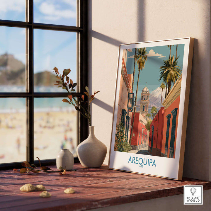 Arequipa Peru travel poster displayed in a cozy interior, showcasing vibrant colors and scenic architecture.