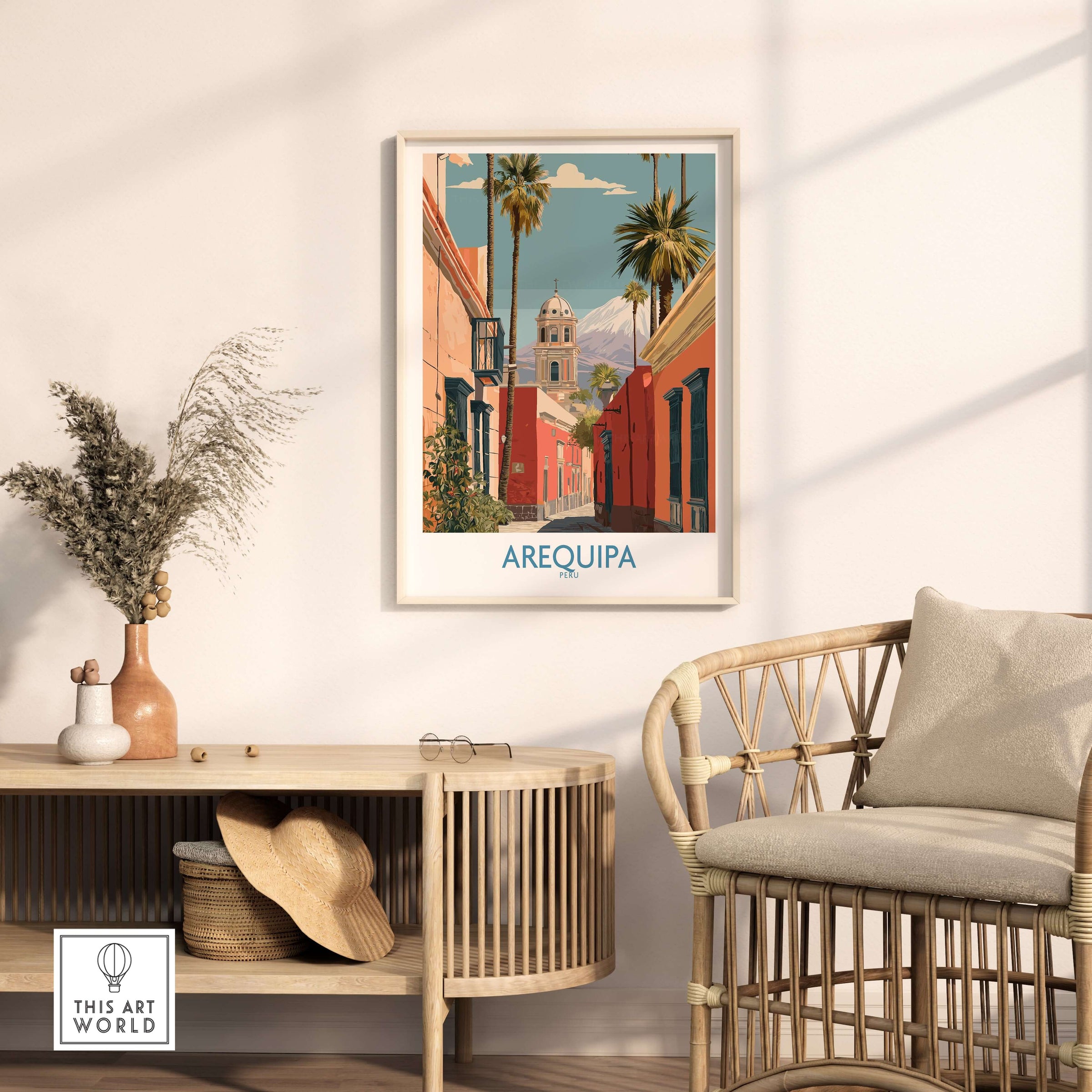 Arequipa Peru Travel Poster featuring vibrant colors and intricate details in a stylish living room setting.