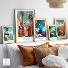 Arequipa Peru Travel Poster featuring vibrant colors and artwork displayed in a stylish home setting.
