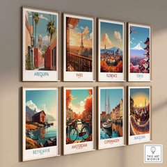 Arequipa Peru Travel Poster featuring vibrant travel artwork and cityscapes of global destinations.