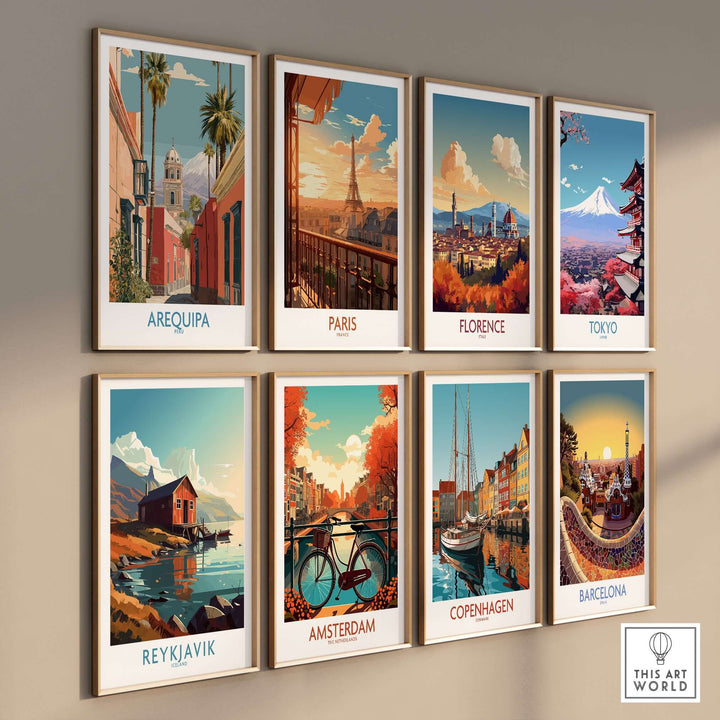 Collection of travel posters featuring Arequipa, Paris, Florence, Tokyo, Reykjavik, Amsterdam, Copenhagen, and Barcelona.