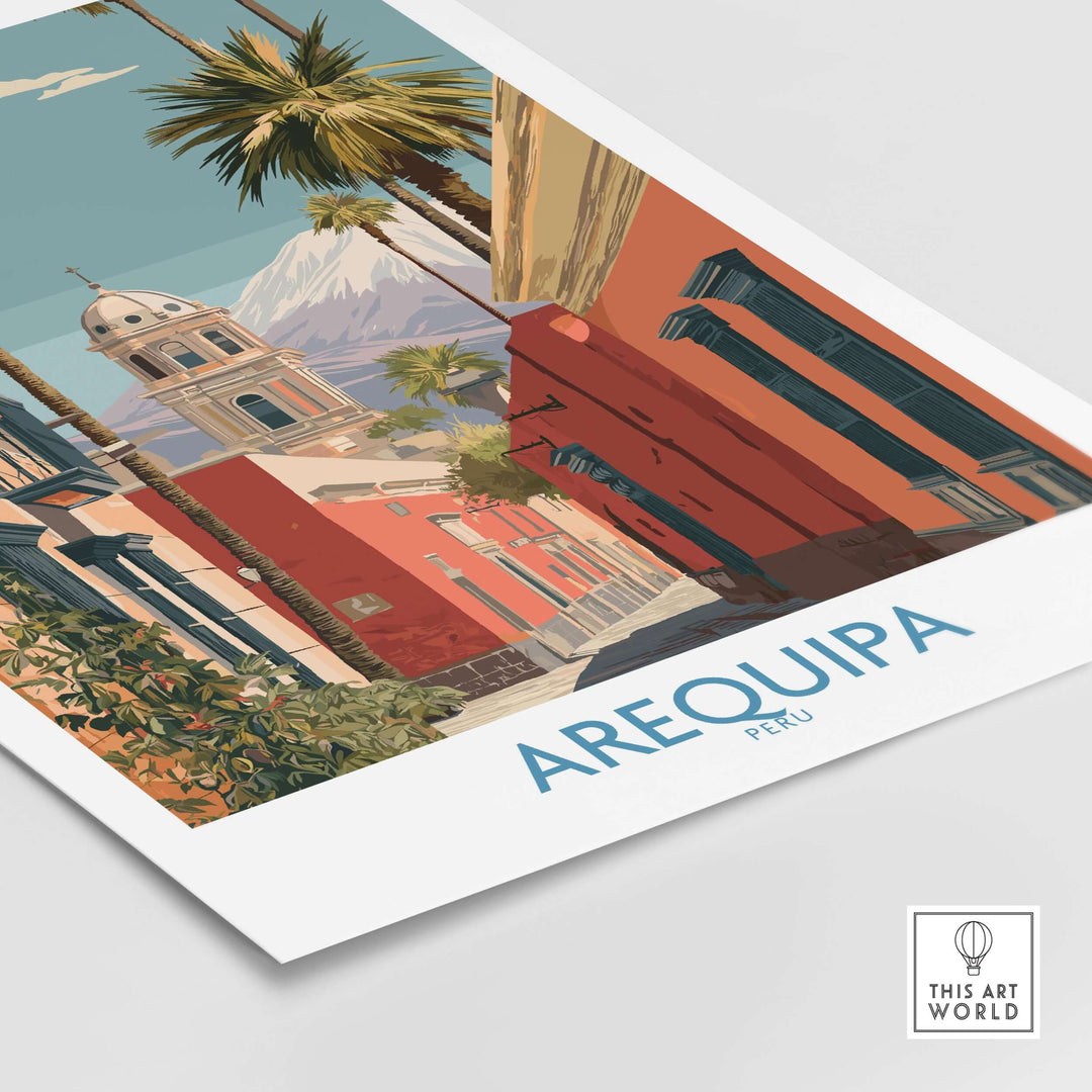 Arequipa Peru travel poster showcasing vibrant architecture and scenic views, perfect for art and travel enthusiasts.