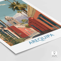 Arequipa Peru Travel Poster featuring vibrant streets and architecture of Arequipa, Peru, perfect for art lovers and travelers.