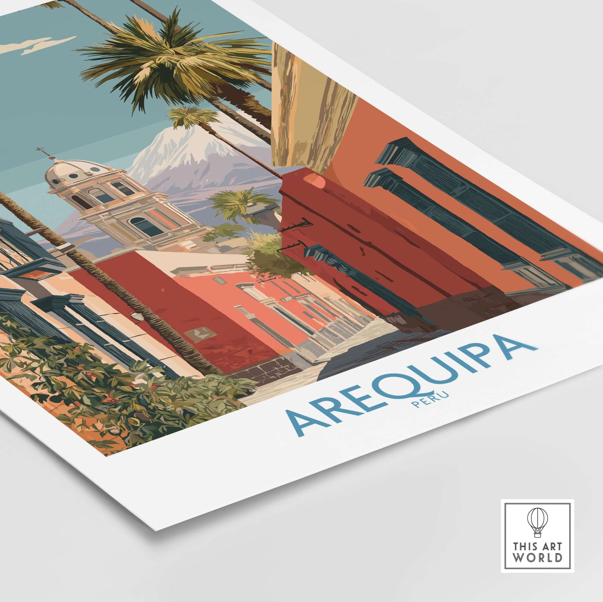 Arequipa Peru Travel Poster featuring vibrant streets and architecture of Arequipa, Peru, perfect for art lovers and travelers.