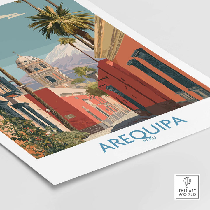 Arequipa Peru travel poster showcasing vibrant architecture and scenic views, perfect for art and travel enthusiasts.