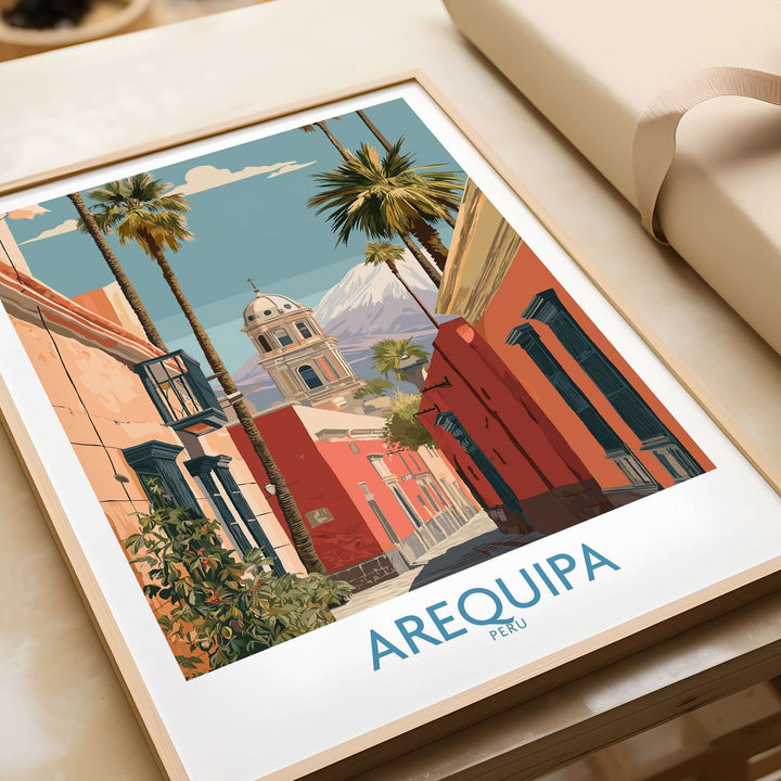 Arequipa Peru travel poster showcasing vibrant streets and the iconic architecture of the city.