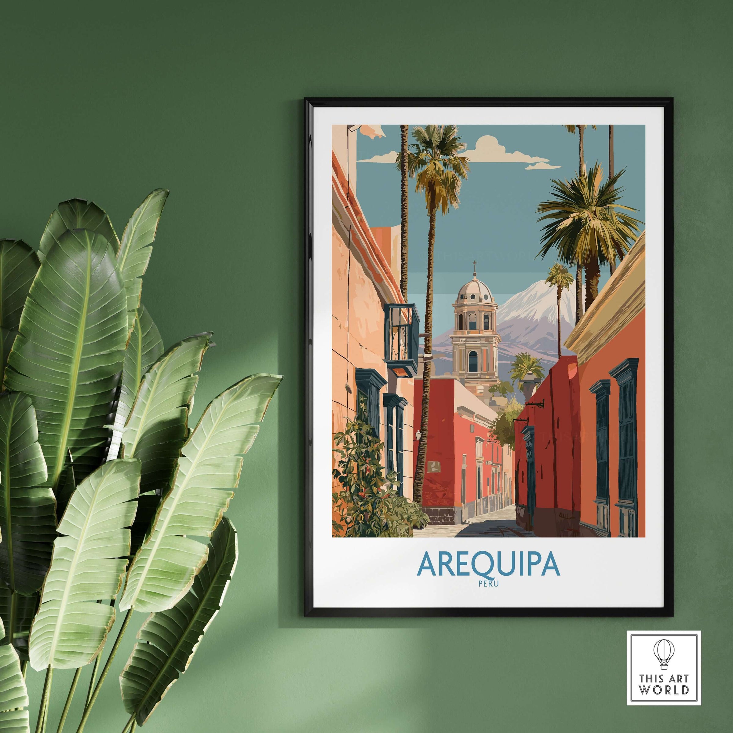 Arequipa Peru Travel Poster featuring vibrant colors and scenic views of Arequipa's architecture and landscape.