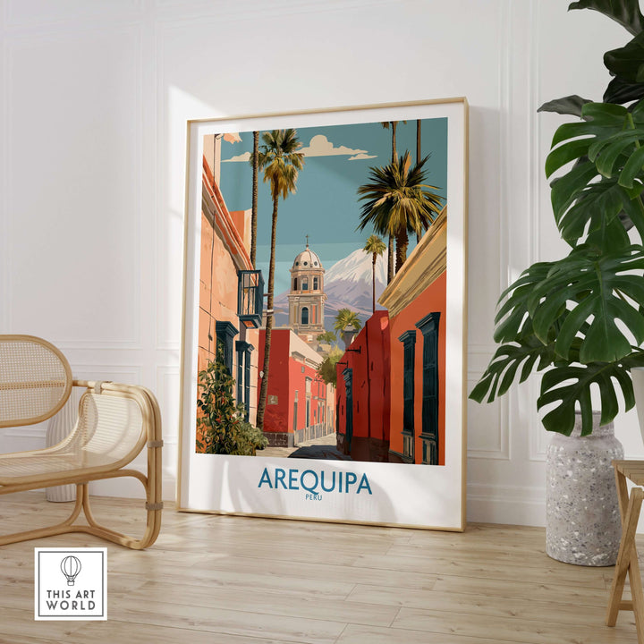 Arequipa Peru travel poster showcasing colorful streets, palm trees, and a historic tower, perfect for wall art enthusiasts.