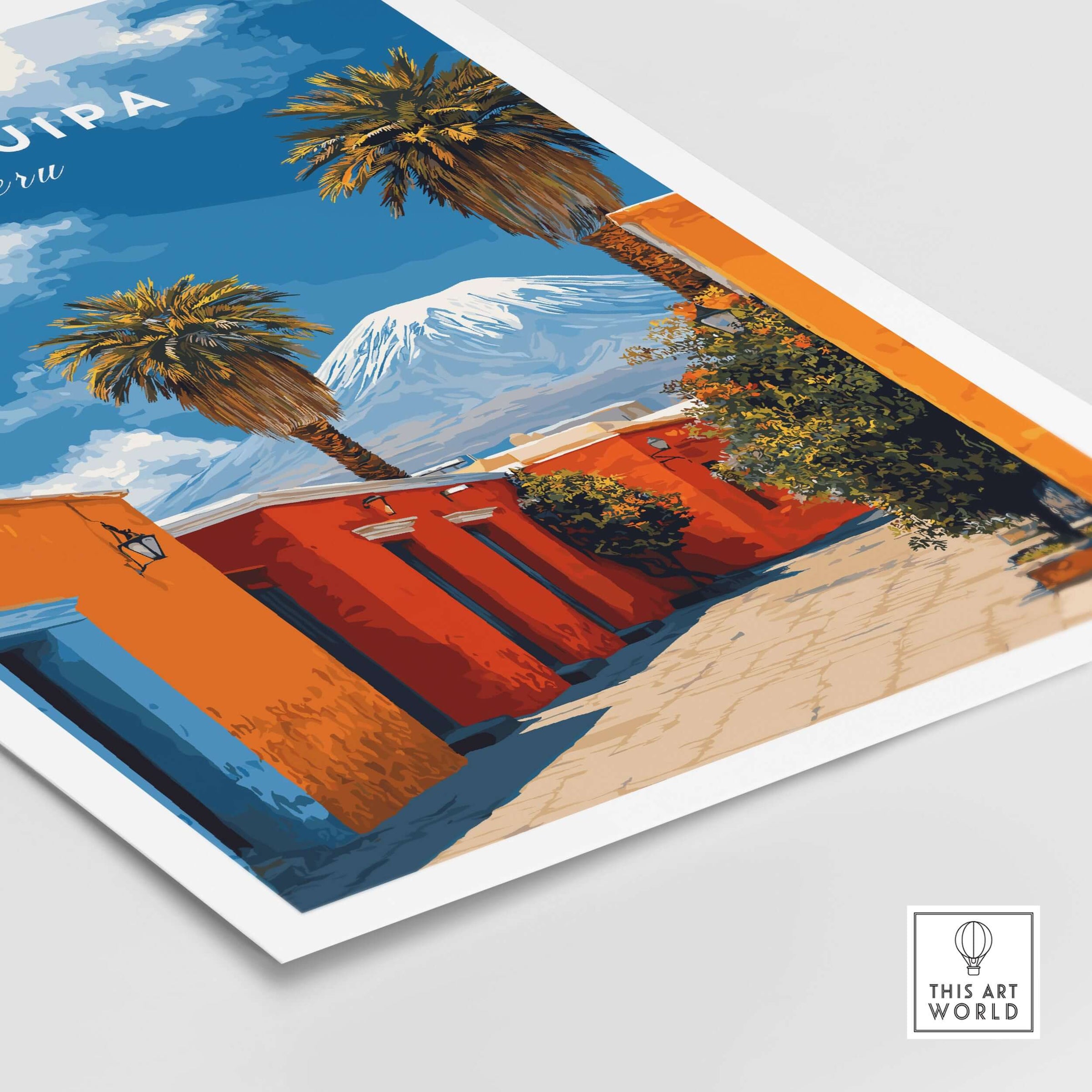 Arequipa Peru Wall Art showcasing vibrant buildings and palm trees against a scenic mountain background.