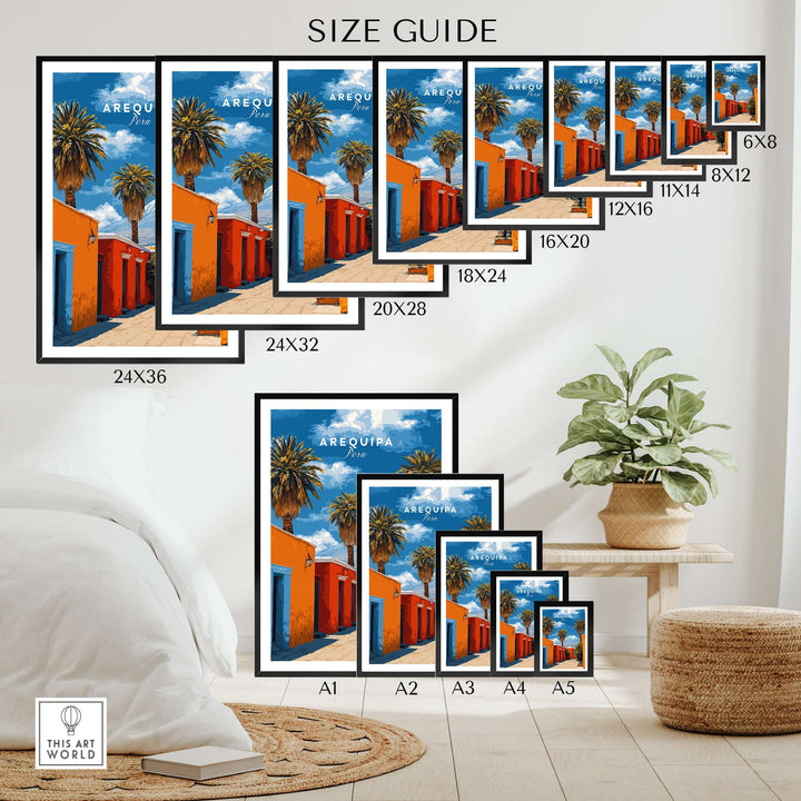 Size guide for Arequipa Peru wall art in various dimensions displayed in a stylish home setting.