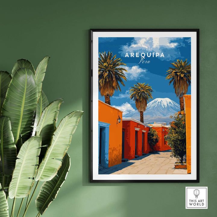 Arequipa Peru wall art showcasing vibrant landscapes and architecture with palm trees and mountains.