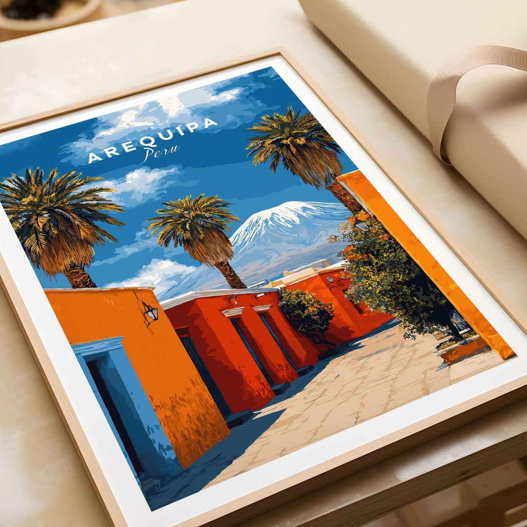 Arequipa Peru wall art showcasing vibrant landscapes with palm trees and volcano in a colorful setting.