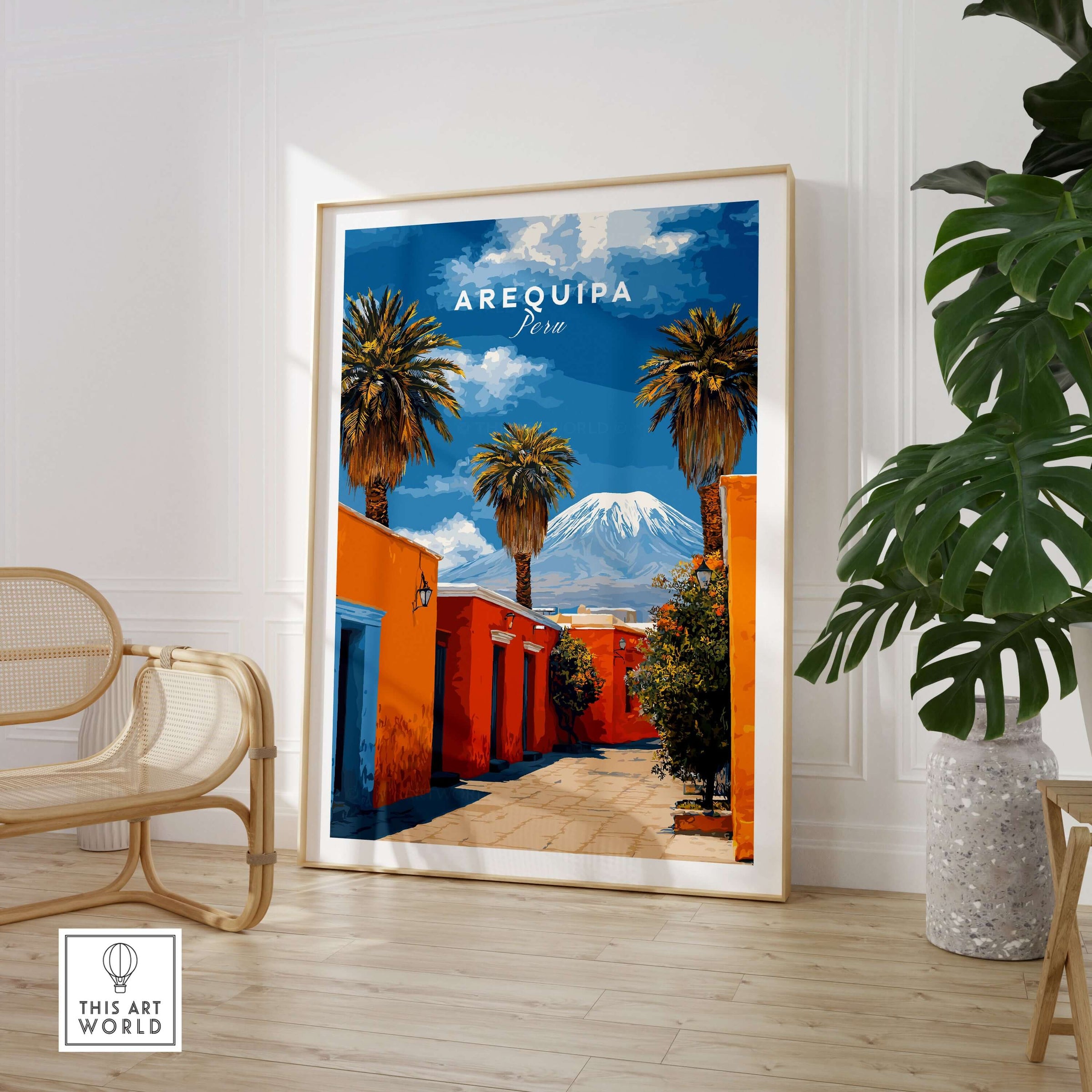 Arequipa Peru Wall Art featuring vibrant landscapes with palm trees and mountains, enhancing home decor.