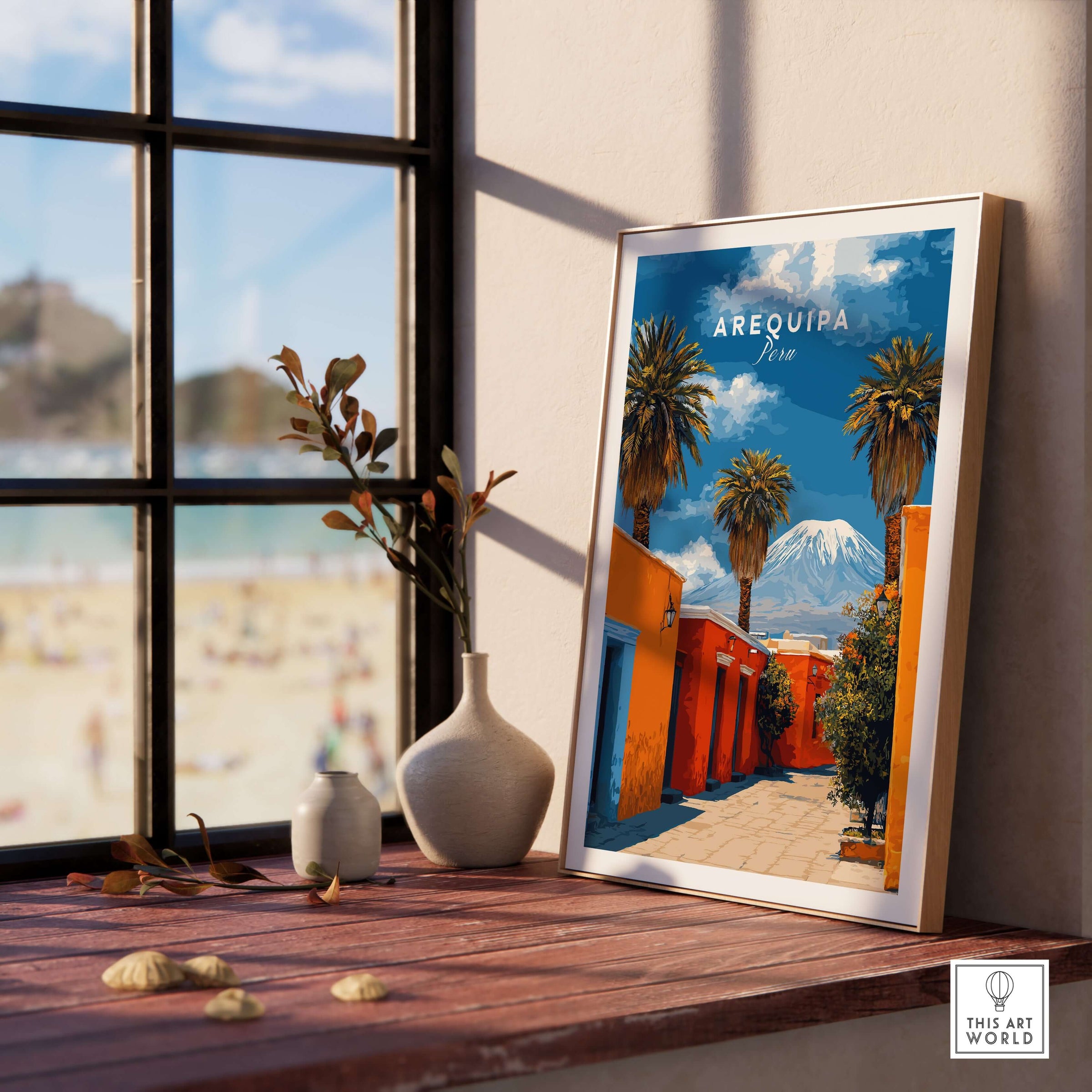Arequipa Peru Wall Art featuring beautiful landscapes, colorful architecture, and vibrant palms in a cozy interior setting.
