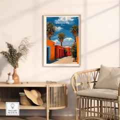 Arequipa Peru Wall Art displayed in a stylish home setting, showcasing vibrant colors and tropical landscape.