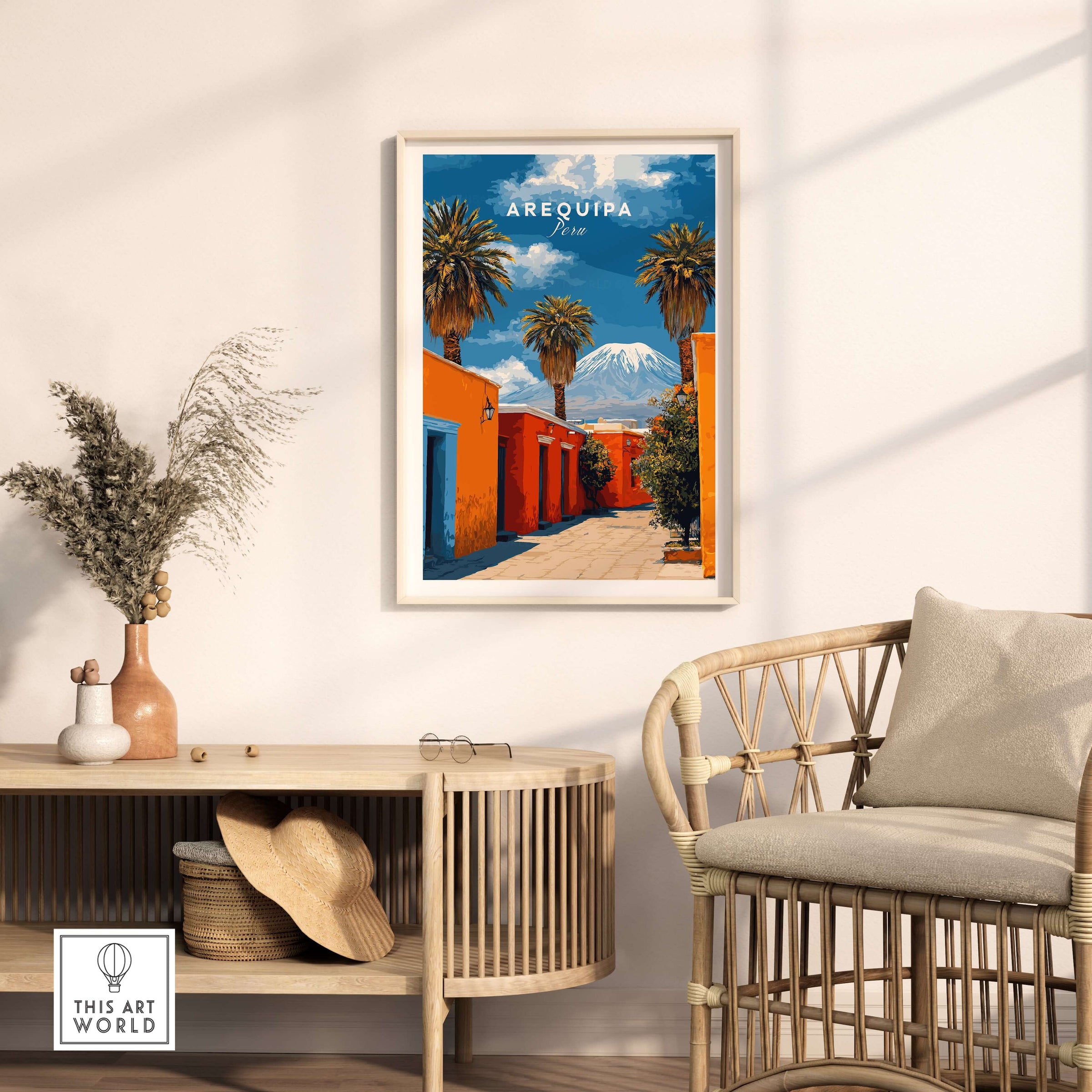 Arequipa Peru Wall Art displayed in a stylish home setting, showcasing vibrant colors and tropical landscape.