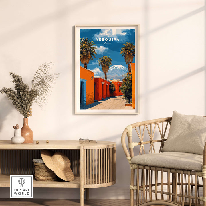 Arequipa Peru wall art featuring vibrant landscapes, palm trees, and colorful architecture in a stylish interior setting.