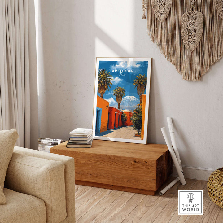 Arequipa Peru wall art displayed in a bright room with wooden accents, featuring colorful landscapes and architecture.