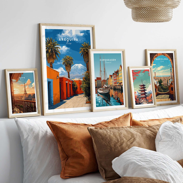 Decorative wall art featuring Arequipa Peru and other cityscapes, enhancing modern home decor.