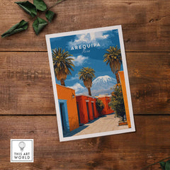Arequipa Peru Wall Art featuring vibrant landscapes, palm trees, and mountains for home decor.