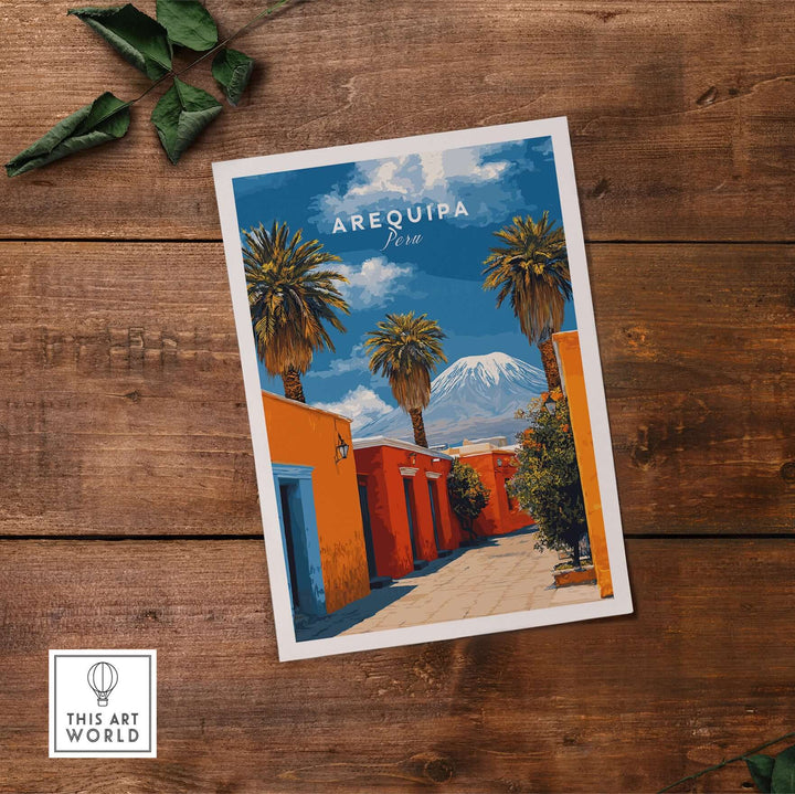 Vibrant Arequipa Peru wall art showcasing palm trees and colorful architecture against a mountain backdrop.
