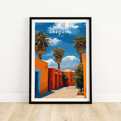 Arequipa Peru Wall Art featuring vibrant landscapes, palm trees, and colonial architecture framed for home decor.