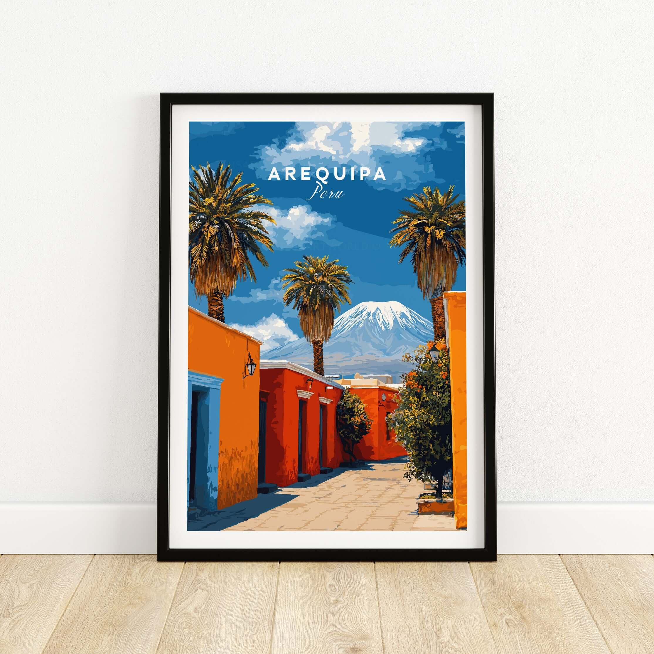 Arequipa Peru Wall Art featuring vibrant landscapes, palm trees, and colonial architecture framed for home decor.