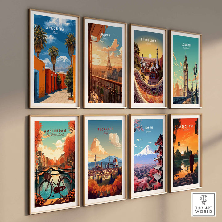 Collection of travel wall art featuring Arequipa, Paris, Barcelona, London, Amsterdam, Florence, Tokyo, and Angkor Wat.