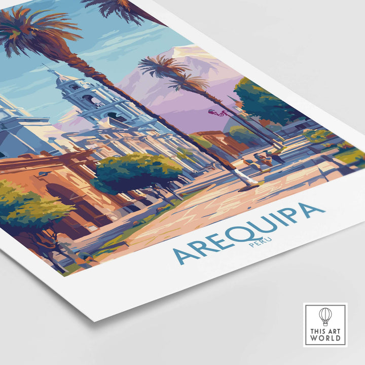 Arequipa travel poster showcasing vibrant architecture and palm trees, perfect for wall art lovers and travel enthusiasts.