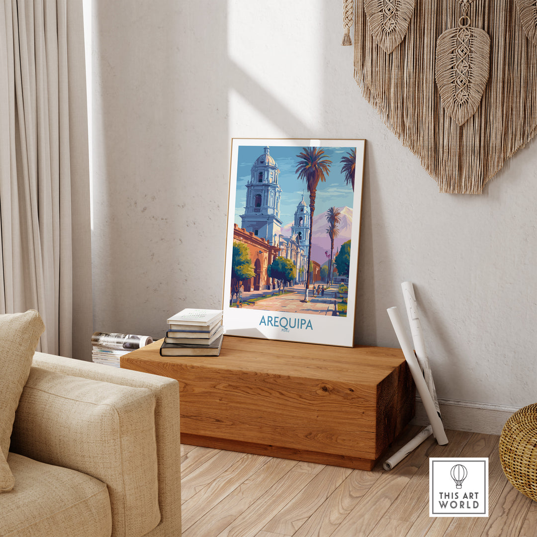 Arequipa travel poster showcasing vibrant cityscape and palm trees, ideal wall art for travel enthusiasts.