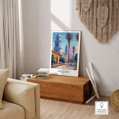 Arequipa Travel Poster showcasing vibrant culture and stunning imagery in a stylish interior setting.