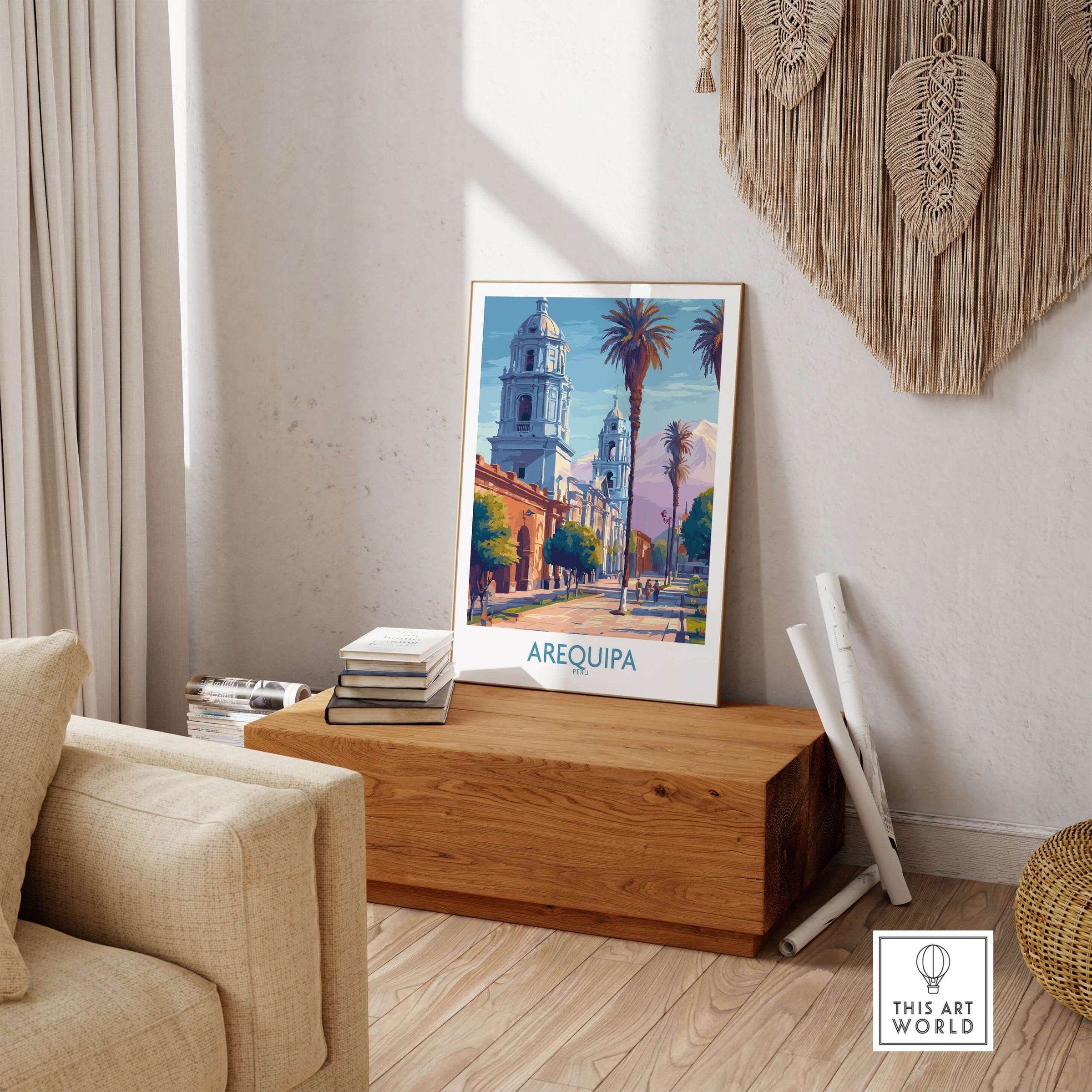 Arequipa Travel Poster showcasing vibrant culture and stunning imagery in a stylish interior setting.