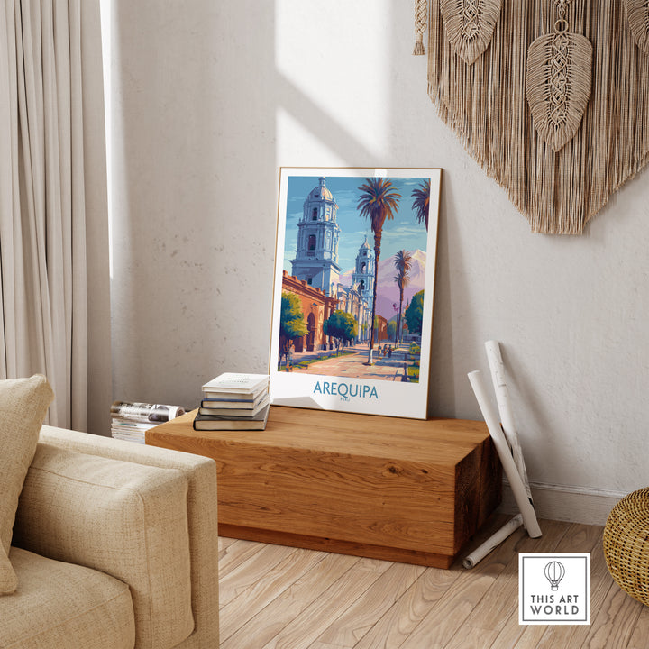 Arequipa travel poster showcasing vibrant cityscape and palm trees, ideal wall art for travel enthusiasts.