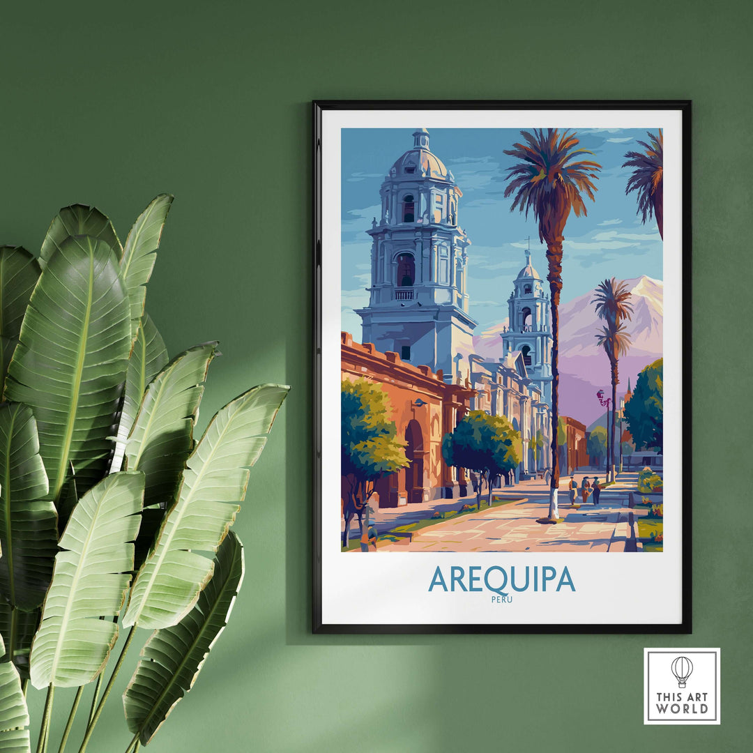 Arequipa travel poster showcasing vibrant architecture and palm trees against a green wall, inspiring wanderlust for Peru.