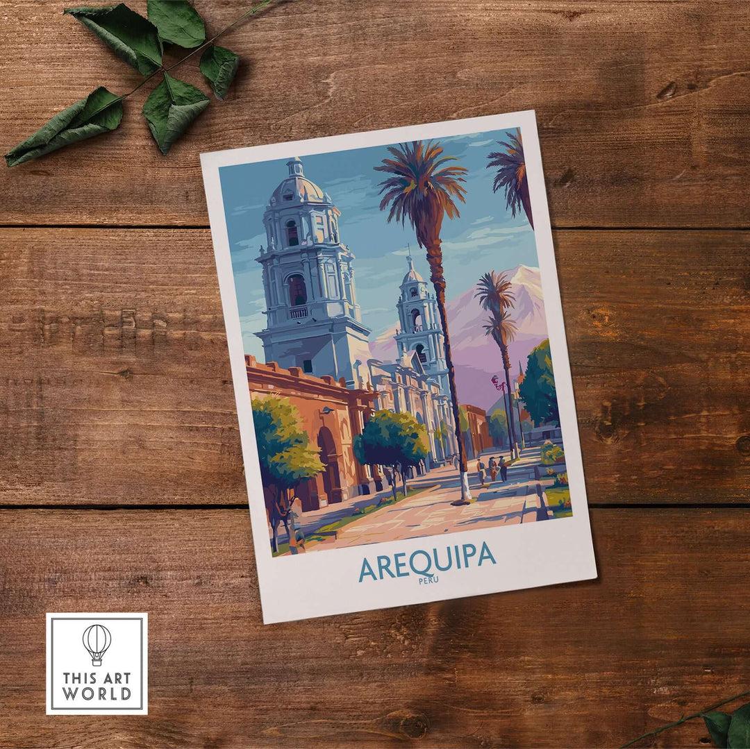Arequipa travel poster showcasing vibrant architecture and palms in a beautiful landscape of Peru.