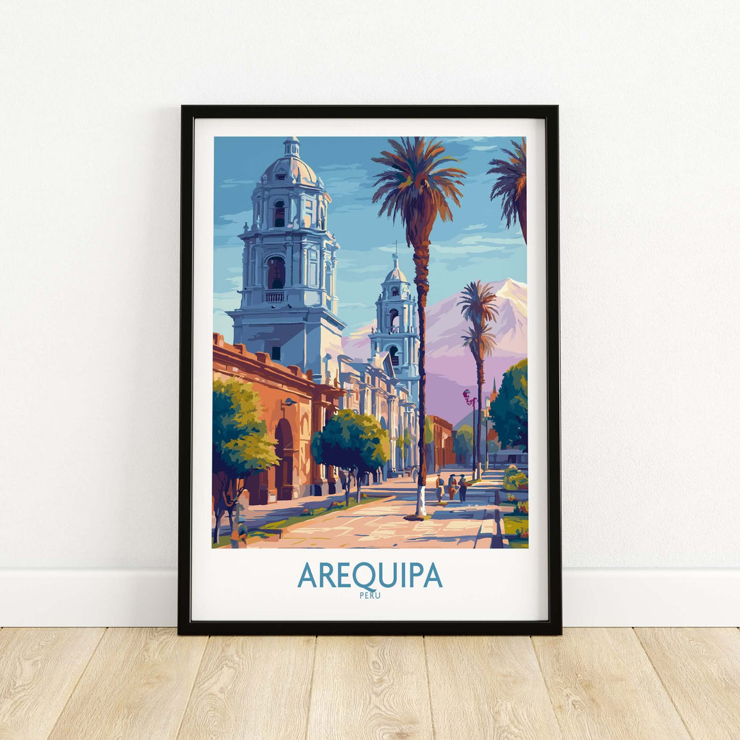 Arequipa travel poster featuring stunning architecture and palm trees, showcasing the beauty of Peru.