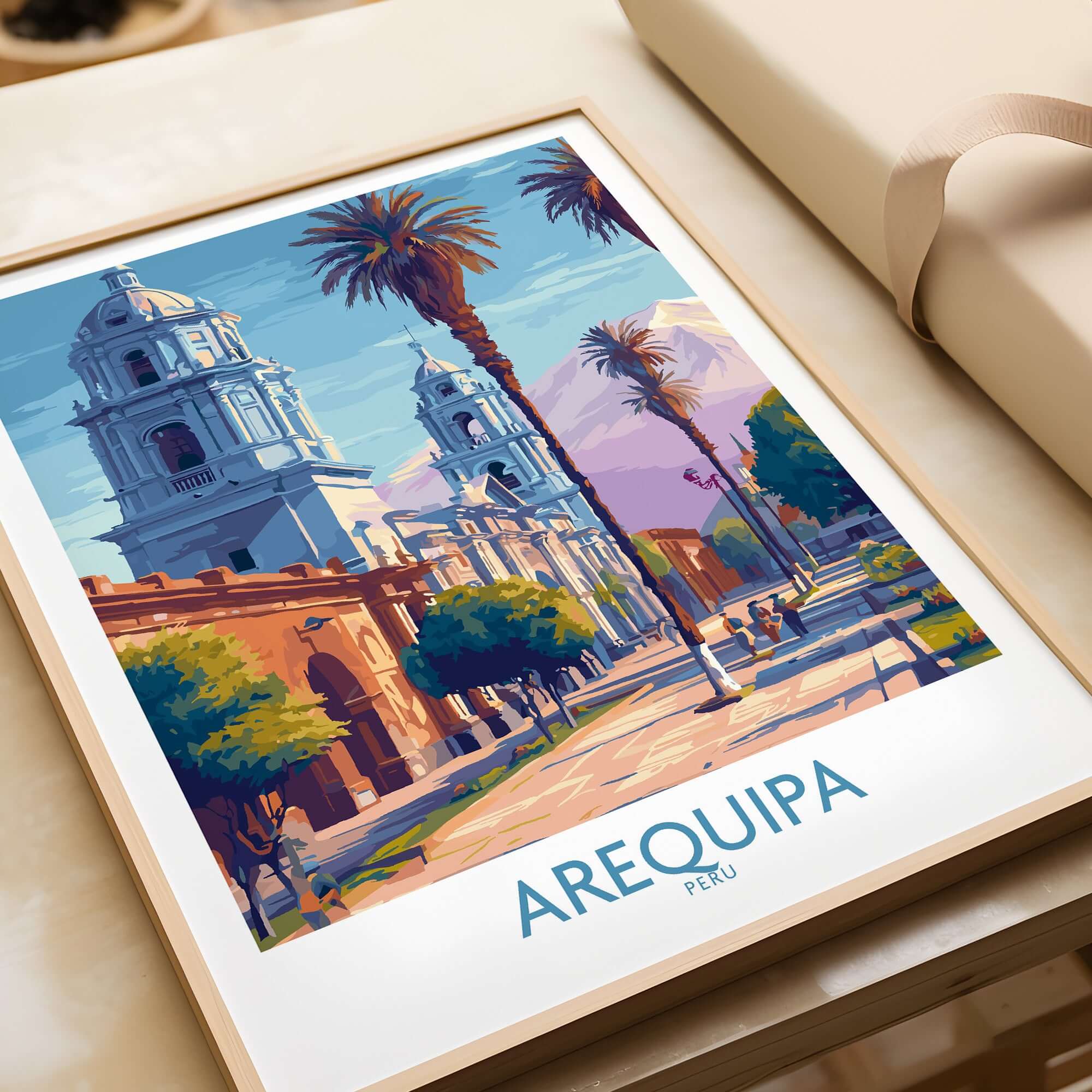 Arequipa Travel Poster showcasing vibrant architecture and palm trees in a colorful design for travel enthusiasts.