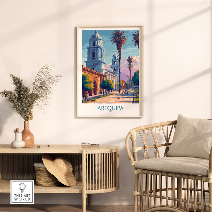 Arequipa travel poster showcasing vibrant architecture and palm trees, perfect for decor and inspiring wanderlust.