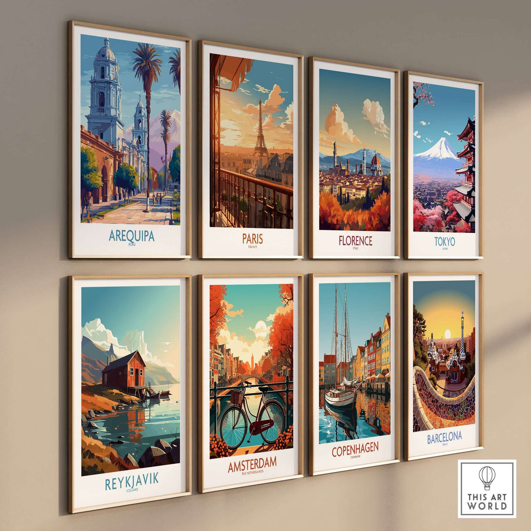 Colorful travel posters featuring Arequipa, Paris, Florence, Tokyo, Reykjavik, Amsterdam, Copenhagen, and Barcelona.