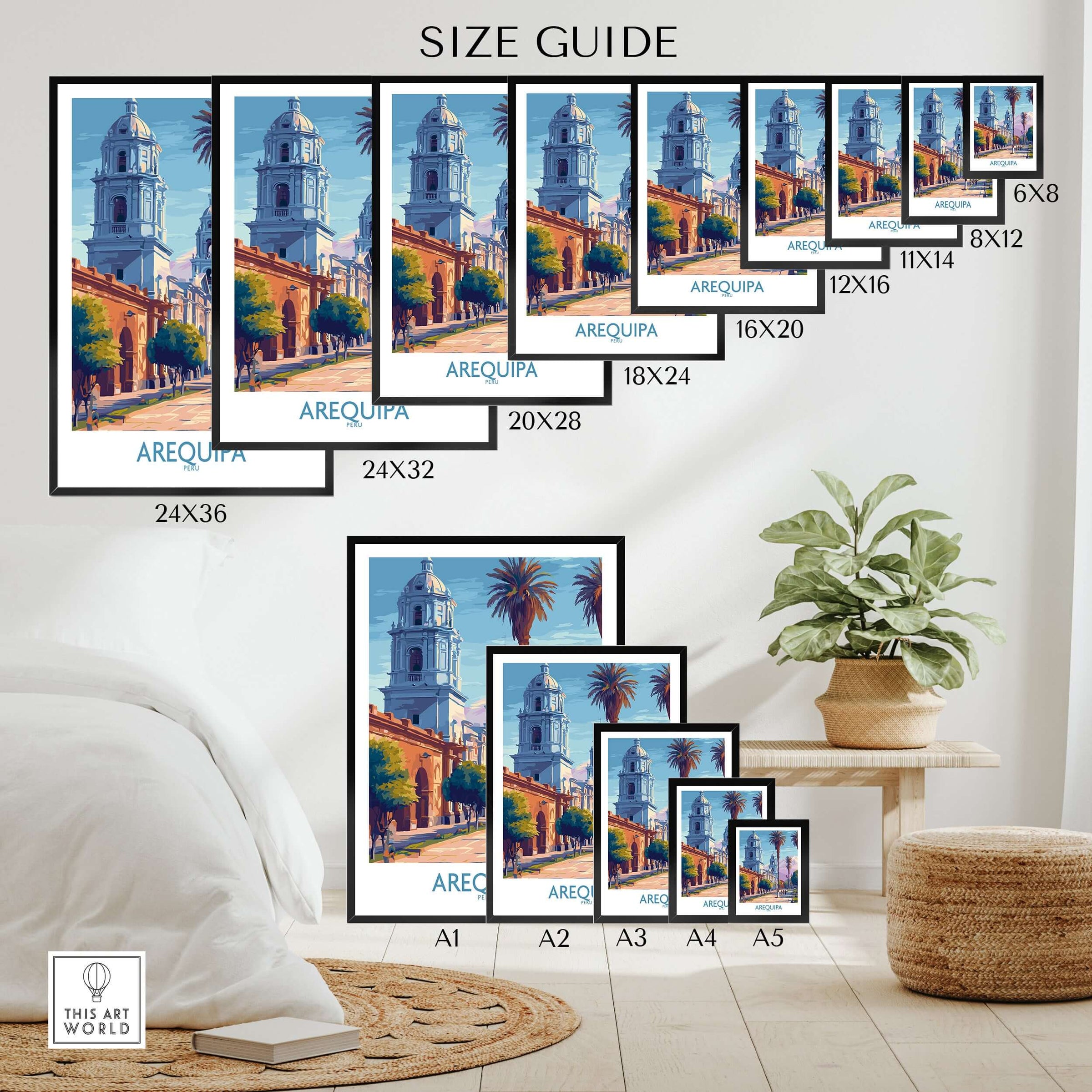 Arequipa Travel Poster size guide showcasing various frame sizes and designs for a visually striking presentation.