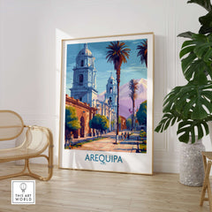 Arequipa Travel Poster showcasing vibrant architecture and palm trees in a stylish interior setting.