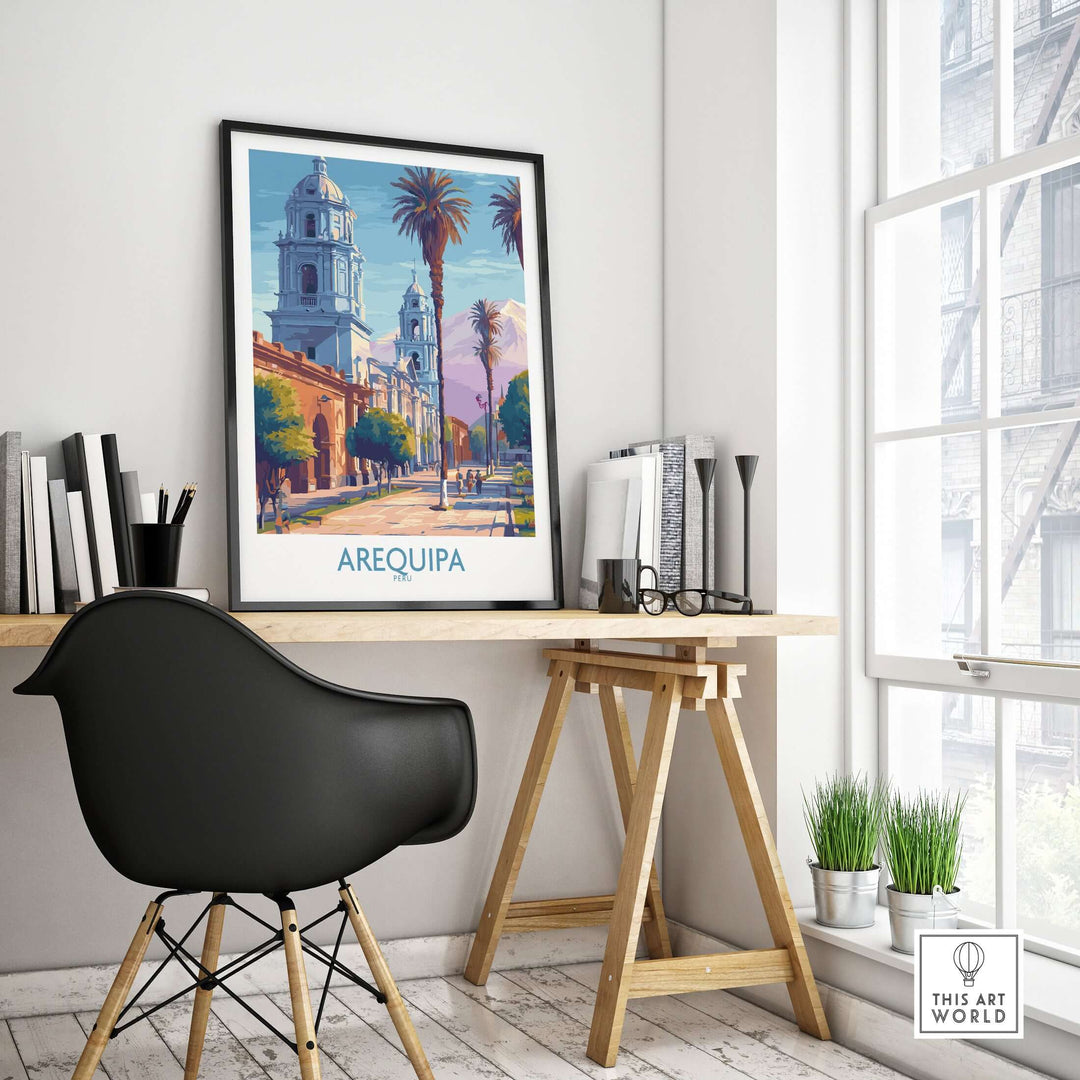 Arequipa travel poster displayed in a stylish workspace, showcasing vibrant colors and cultural landmarks of Peru.