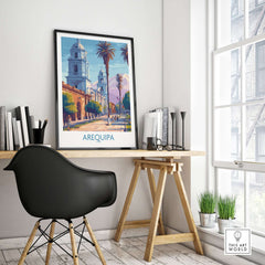 Arequipa Travel Poster displayed in a stylish workspace, showcasing vibrant architecture and culture of Arequipa.