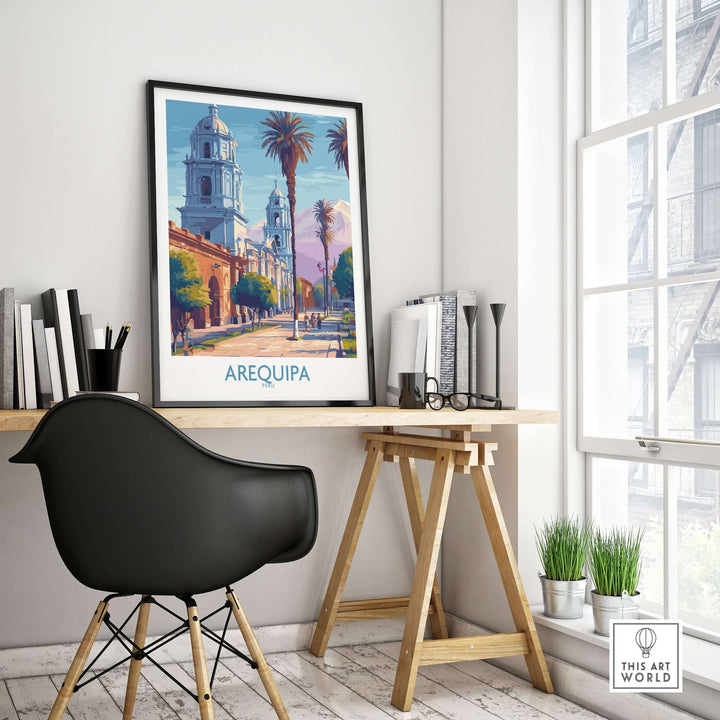 Arequipa travel poster displayed in a stylish workspace, showcasing vibrant colors and cultural landmarks of Peru.