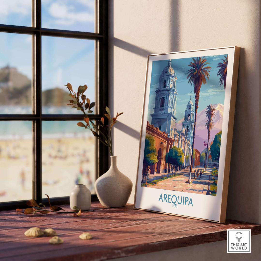Arequipa travel poster displayed indoors, showcasing the city's vibrant architecture and cultural scenery.