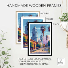 Arequipa Travel Print displayed in handmade wooden frames available in natural, white, and black finishes.