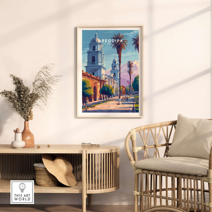 Elegant Arequipa travel print displayed in a stylish interior, showcasing vibrant architecture and palm trees.