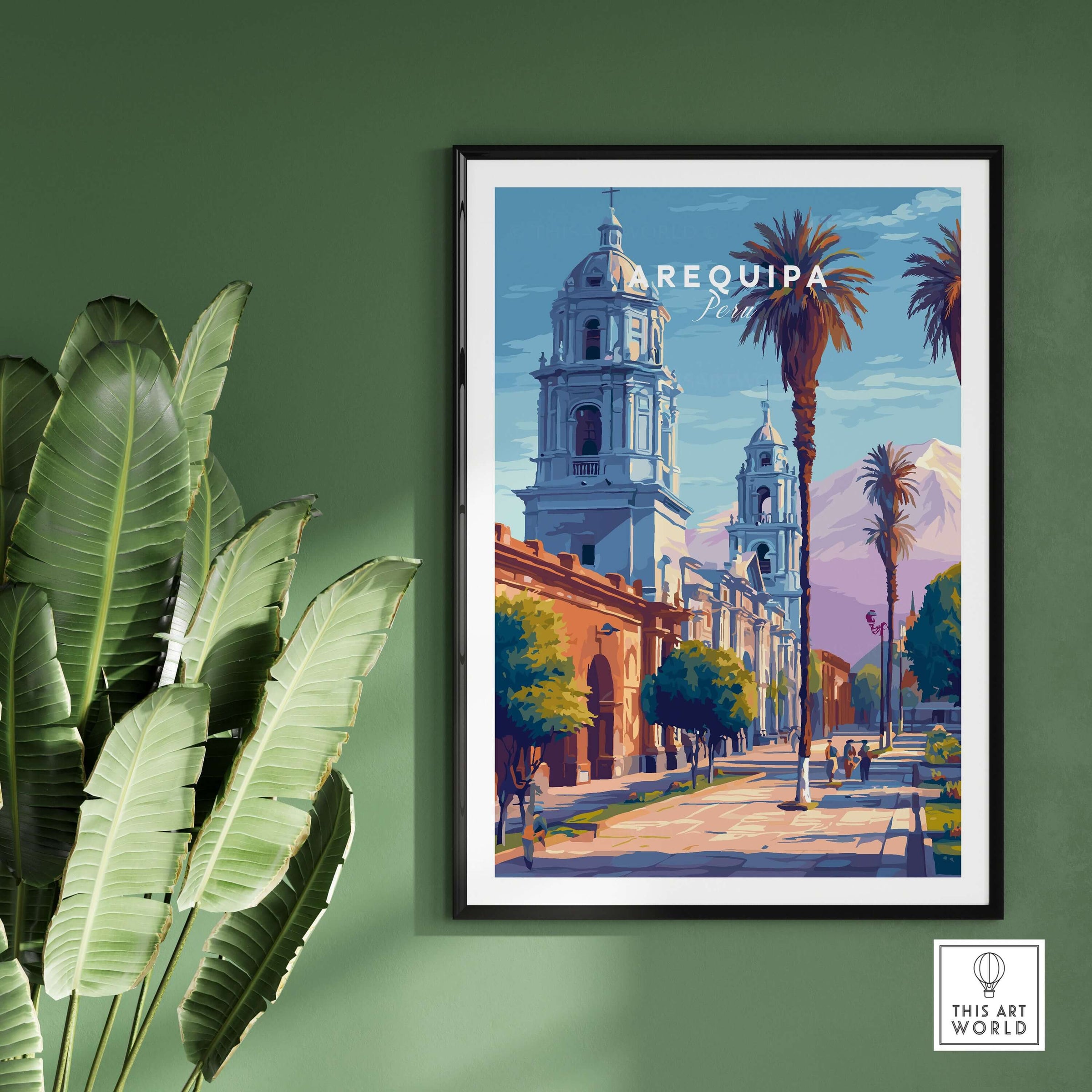 Arequipa Travel Print showcasing vibrant architecture and palm trees, a stunning wall art piece for home decor.
